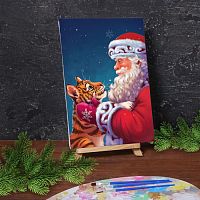 Картина по номерам на холсте с подрамником - Дед Мороз с тигрёнком 20*30 см 6853840 iQSclub магазин настольных и развивающих игр