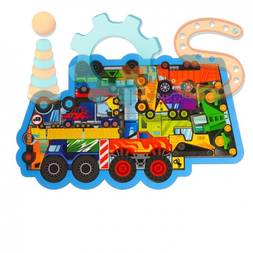 Пазл фигурный деревянный в рамке - Машины с большими колёсами, 20 элементов iQSclub магазин настольных и развивающих игр
